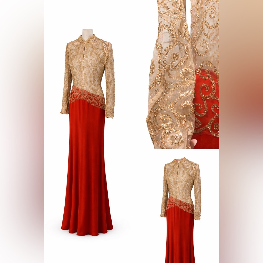 🔥🔥Gold Sparkle Sequin Mesh Overlay Gown w/ Red Underlay – Long Sleeve